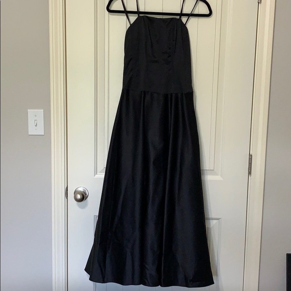 Late 90s - Y2K black satin corset back strapless formal dress. Jump Apparel Co.